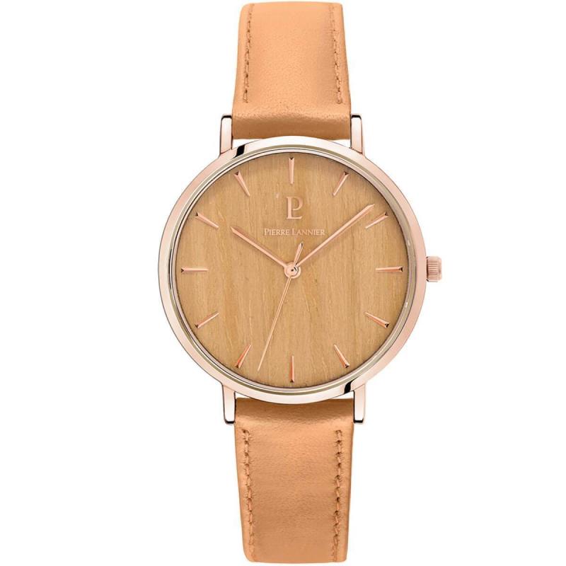 Pierre Lannier Nature Dames horloge 018P994 (Rosé Goud, Camel Bruin, Hout, Leren Band)