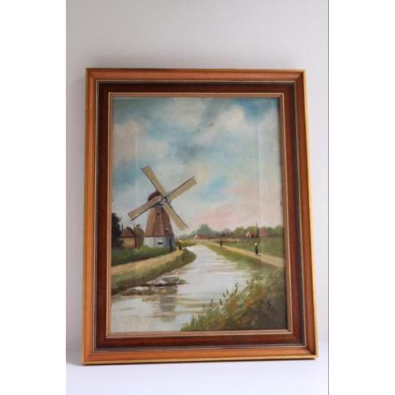 Schilderij molenlandschap, gesigneerd