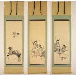 3 set Japanse scrolls, "de zeven Lucky Gods" by "Juzan".