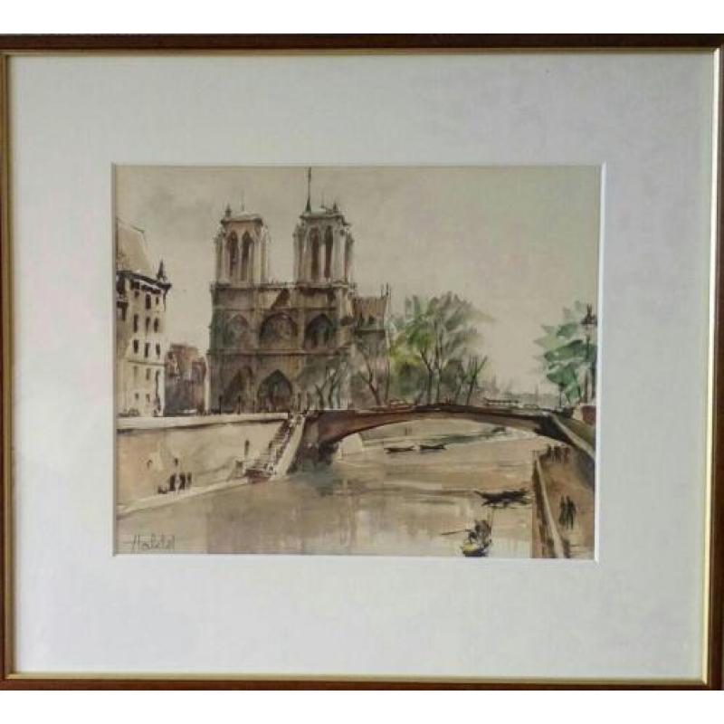 (Herbelot)Aquarel van de Notre Dame en Seine gedateerd 1956.