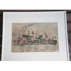 Aquarel August Willem ( A.W. )van Voorden Rotterdam Haven