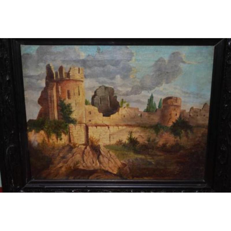 Antiek schilderij van kasteel, burcht, ruïne op berg (doek)