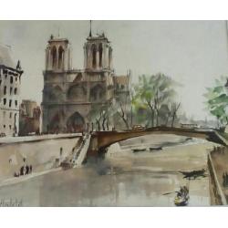 (Herbelot)Aquarel van de Notre Dame en Seine gedateerd 1956.