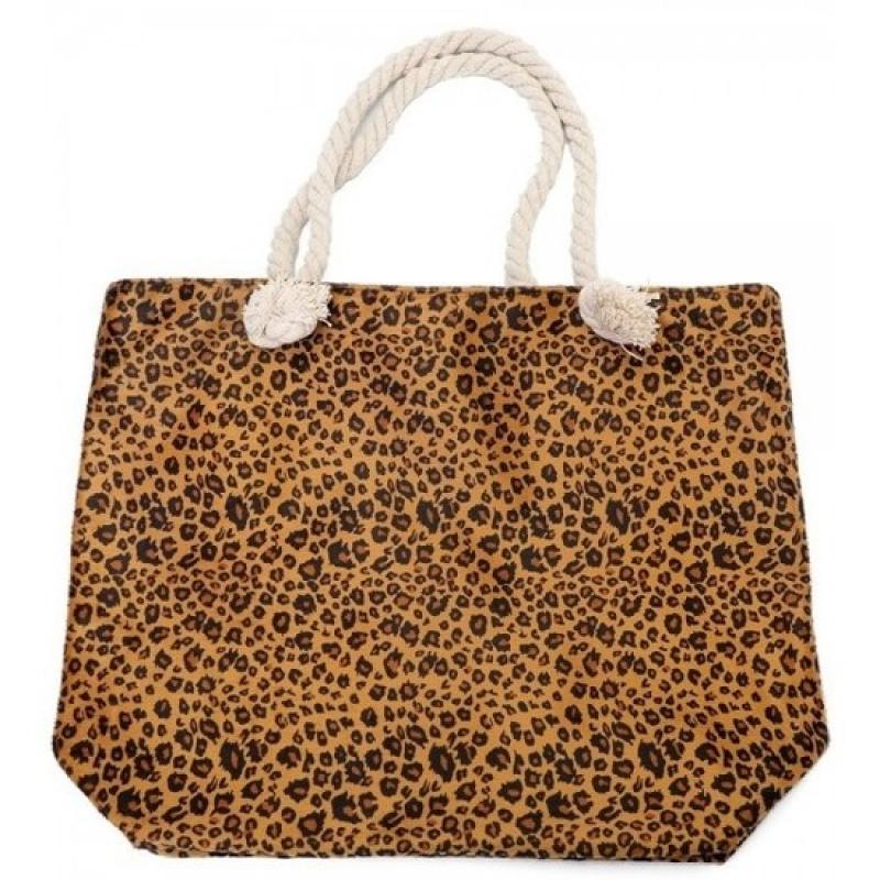 Bruine katoenen shopper/boodschappen tas luipaard/panter print met rits 43 cm